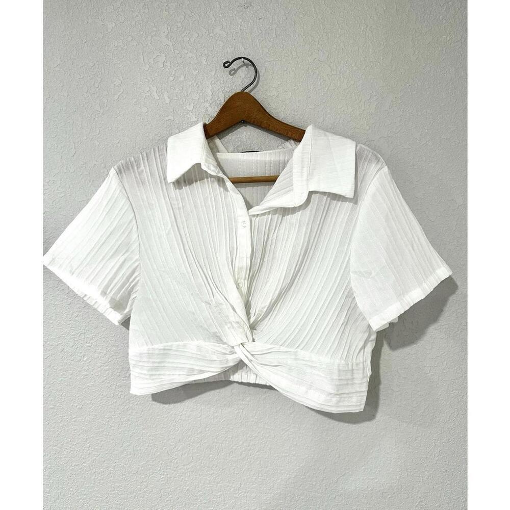 Shein Curve White Crop Top Pleated Tied Front Women's Size 1XL
